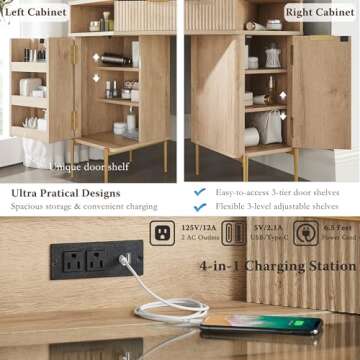 T4TREAM 48'' Fluted Makeup Vanity Desk with HD Triple Mirror and Lights, Large Lighted Corner Vanity with Glass Top, Modern Dressing Table with 3 Drawers & 2 Cabinets for Bedroom, Natural Oak