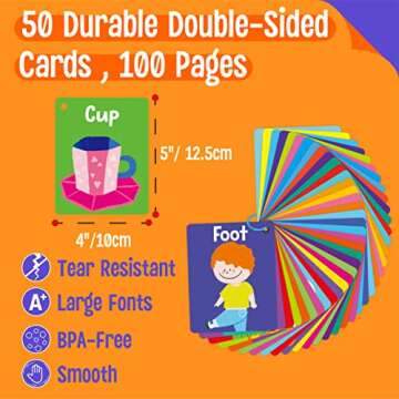 50 PCS Kid First Cognitive Flashcards,Double Sided Printed 7 in 1 Colorful Cards Alphabet,Numbers, F...