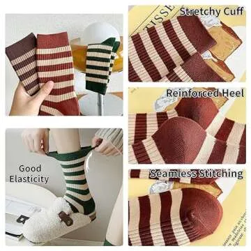 FORJMMP 5/10 Pairs Retro Style Colorful Striped Socks, Cute Athletic Crew socks for Women (5 Pairs-Set A)