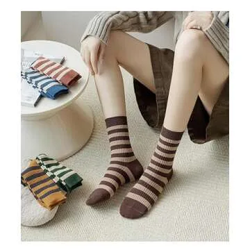 FORJMMP 5/10 Pairs Retro Style Colorful Striped Socks, Cute Athletic Crew socks for Women (5 Pairs-Set A)