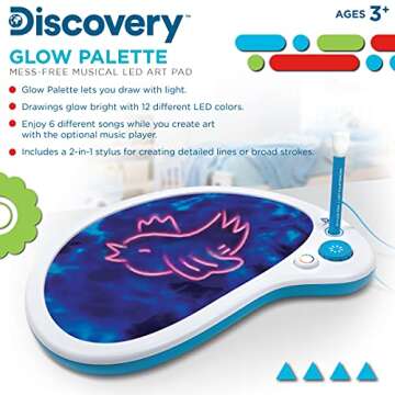 Discovery™ Mess-Free Glow Palette - Light-Up LED Drawing Tablet w/Attached Stylus, No Markers or Pencils Needed, 6 Built-in Songs, Portable Kids Travel Toy, Doodle Art Board Activity Kit, Fun Gift