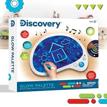 Discovery™ Mess-Free Glow Palette - Light-Up LED Drawing Tablet w/Attached Stylus, No Markers or Pencils Needed, 6 Built-in Songs, Portable Kids Travel Toy, Doodle Art Board Activity Kit, Fun Gift