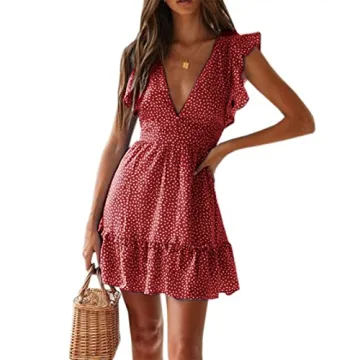 Women Floral Mini Dress Flowy V Neck Ruffle Flutter Sleeve Swing Polka Dot Summer Dresses