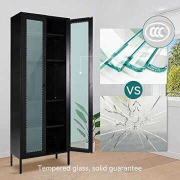 Greenvelly Metal Storage Cabinet, 72" Tall Curio Display Cabinet Bookcase with 2 Glass Doors and 4 Shelves, Modern Floor Utility Locker Cabinet for Office Living Room Bathroom Home Entryway