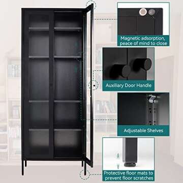 Greenvelly Metal Storage Cabinet, 72" Tall Curio Display Cabinet Bookcase with 2 Glass Doors and 4 Shelves, Modern Floor Utility Locker Cabinet for Office Living Room Bathroom Home Entryway