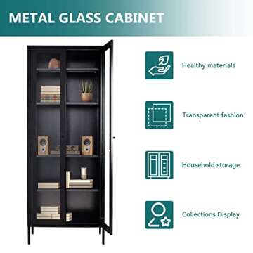 Greenvelly Metal Storage Cabinet, 72" Tall Curio Display Cabinet Bookcase with 2 Glass Doors and 4 Shelves, Modern Floor Utility Locker Cabinet for Office Living Room Bathroom Home Entryway