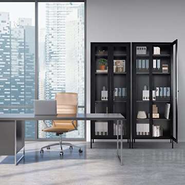 Greenvelly Metal Storage Cabinet, 72" Tall Curio Display Cabinet Bookcase with 2 Glass Doors and 4 Shelves, Modern Floor Utility Locker Cabinet for Office Living Room Bathroom Home Entryway