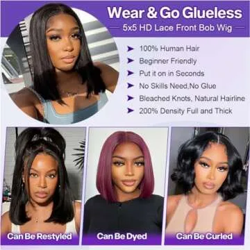 Ailwelia Wear and Go Glueless Wig Bob Wig Human Hair 200% Density 5x5 HD Lace Closure Wigs Human Hair Wigs For Black Women Human Hair Glueless Wigs 5x5 Closure Wigs Human Hair Pre Plucked Bob 14 Inch