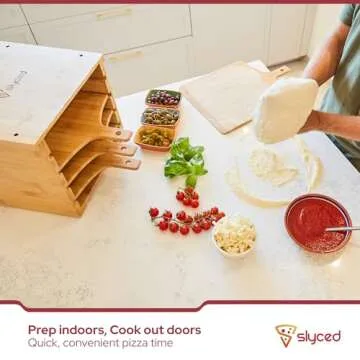 Slyced Wood Pizza Peel Rack, Includes 4 x 12 Inch Non-Stick Bamboo Pizza Boards - Innovative Design Allows You To Prep, Cook and Serve 4 Pizzas in 10 Mins - Real Wood Pizza Paddle Stand