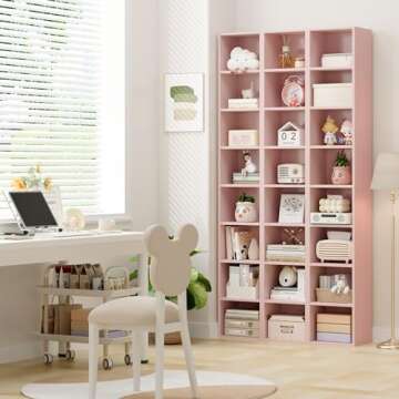 FOTOSOK 8-Tier Media Tower Rack, 11.6 X 9.3 X 70.9 Inches CD DVD Slim Storage Cabinet with Adjustable Shelves, Tall Narrow Bookcase Display Bookshelf for Home Office, Pink