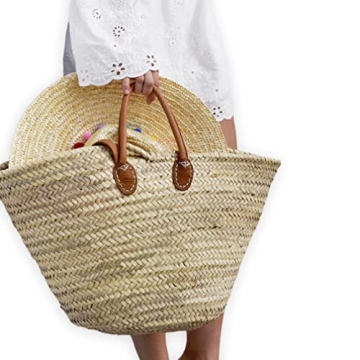 FRENCH BASKET with double flat leather handles, straw bag, beach bag, basket bag, shopping basket, w...