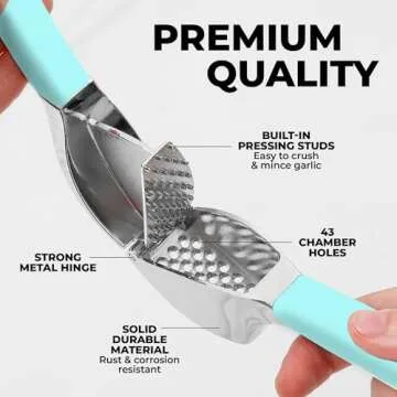 Zulay Comfort Grip Garlic Press - Garlic Mincer Tool - Garlic Crusher - Garlic Press Mincer Rust Proof, with Soft Ergonomic Handle, Easy Clean Set with Peeler and Brush - Light Blue