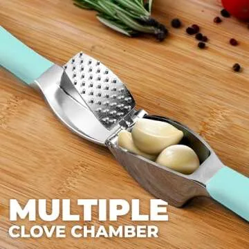 Zulay Comfort Grip Garlic Press - Garlic Mincer Tool - Garlic Crusher - Garlic Press Mincer Rust Proof, with Soft Ergonomic Handle, Easy Clean Set with Peeler and Brush - Light Blue