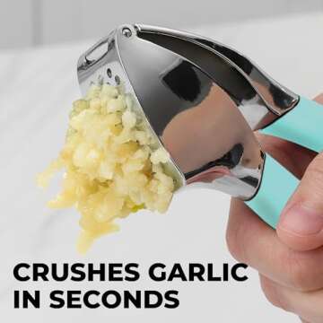Zulay Comfort Grip Garlic Press - Garlic Mincer Tool - Garlic Crusher - Garlic Press Mincer Rust Proof, with Soft Ergonomic Handle, Easy Clean Set with Peeler and Brush - Light Blue