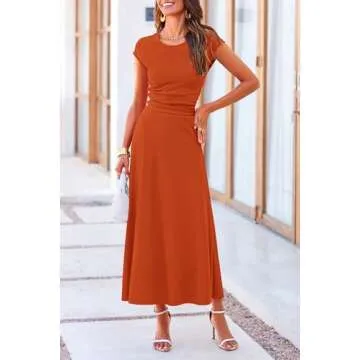 PRETTYGARDEN Women's 2 Piece Summer Outfits Dressy Casual Knit Short Sleeve Crop Top High Waist Midi Skirt Set (Orange,Medium)
