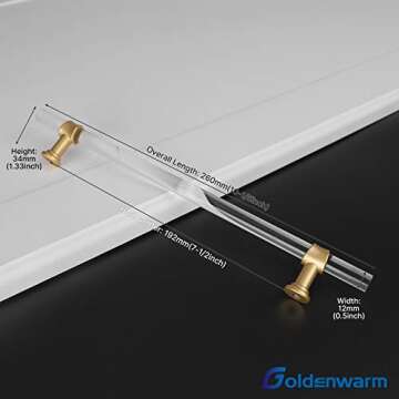 Goldenwarm Acrylic Cabinet Pull Kitchen Hardware Drawer Pulls Brushed Brass Cupboard Door Handles 7-...