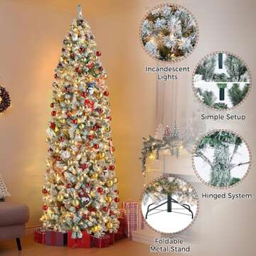 Yaheetech 9ft Pre-lit Snow Flocked Pencil Christmas Tree Kingswood Fir Hinged Slim Skinny Corner Xmas Tree Holiday Decoration with 350 Incandescent Warm White Lights & 1086 Snow Branch Tips, White