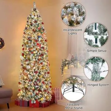Yaheetech 9ft Pre-lit Snow Flocked Pencil Christmas Tree Kingswood Fir Hinged Slim Skinny Corner Xmas Tree Holiday Decoration with 350 Incandescent Warm White Lights & 1086 Snow Branch Tips, White