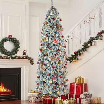 Yaheetech 9ft Pre-lit Snow Flocked Pencil Christmas Tree Kingswood Fir Hinged Slim Skinny Corner Xmas Tree Holiday Decoration with 350 Incandescent Warm White Lights & 1086 Snow Branch Tips, White