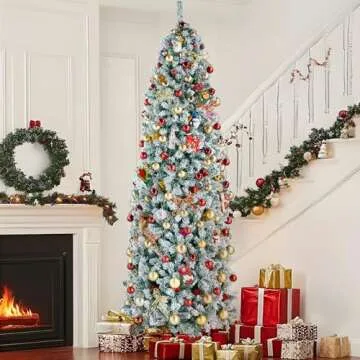 Yaheetech 9ft Pre-lit Snow Flocked Pencil Christmas Tree Kingswood Fir Hinged Slim Skinny Corner Xmas Tree Holiday Decoration with 350 Incandescent Warm White Lights & 1086 Snow Branch Tips, White