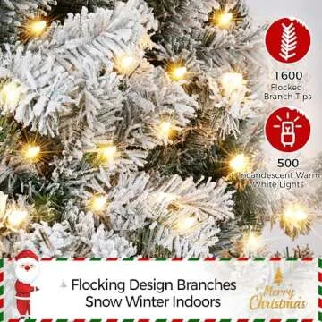 Yaheetech 9ft Pre-lit Snow Flocked Pencil Christmas Tree Kingswood Fir Hinged Slim Skinny Corner Xmas Tree Holiday Decoration with 350 Incandescent Warm White Lights & 1086 Snow Branch Tips, White
