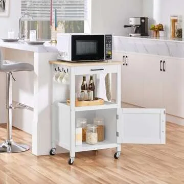 Yaheetech Rolling Kitchen Island with Single Door Cabinet, Kitchen Cart with Drawer on Swivel Wheels, Small Coffee Cart Microwave Stand with 3 Side Hooks for Dining Room, White