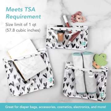 Bumkins Travel Bag, Toiletry, TSA Approved Pouch, Zip Bag, Quart Size Airline Compliant, Clear-Sided, Baby, Diaper Bag Organization, Makeup, Accessories, Packing, Set of 3 Sizes, Black Hearts