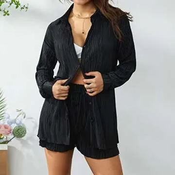 Women Pleated 2 Piece Lounge Set Button Down Cardigan Shirt Straight Wide Leg Pants Palazzo Outfits