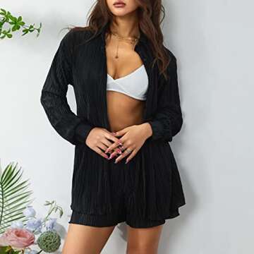 Women Pleated 2 Piece Lounge Set Button Down Cardigan Shirt Straight Wide Leg Pants Palazzo Outfits
