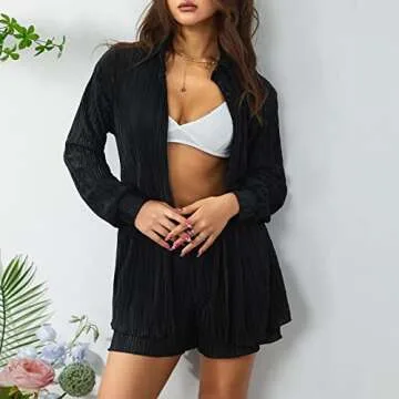 Women Pleated 2 Piece Lounge Set Button Down Cardigan Shirt Straight Wide Leg Pants Palazzo Outfits
