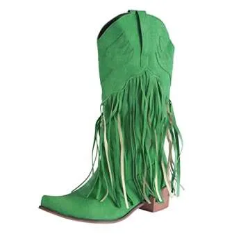 NOLDARES Cowboy Boots for Womens Tassel Fringe Winter Warm Cowgirl Boots Low Heel Pointed Toe Fashion Wedge Boots