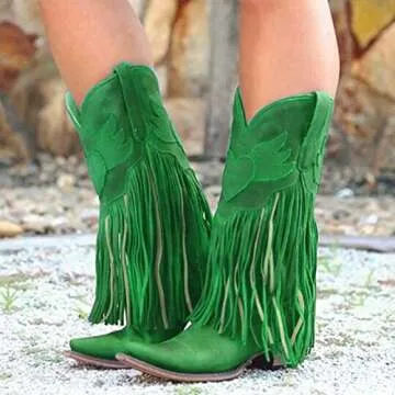 NOLDARES Cowboy Boots for Womens Tassel Fringe Winter Warm Cowgirl Boots Low Heel Pointed Toe Fashion Wedge Boots