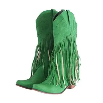 NOLDARES Cowboy Boots for Womens Tassel Fringe Winter Warm Cowgirl Boots Low Heel Pointed Toe Fashion Wedge Boots