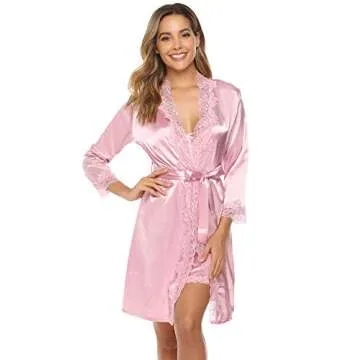 Sykooria Women's Satin Robes and Nightgown Set Bridesmaid Bride Party Short Kimono Robe Bathrobe Camisole Nightgown