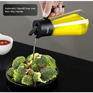 CCKO Glass Olive Oil Dispenser Bottle with Auto Flip Spout 19oz Olive Oil Bottle for Kitchen, No Drip Cooking Oil Dispenser for Soy Sauce, Syrup, Vinegar, Salad Dressing Container (Black)