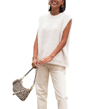 SCUSTY Women's Fuzzy Knit Vest Sleeeveless Casual Crew Neck Loose Lightweight Sweater Pullover Top F...