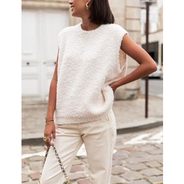 SCUSTY Women's Fuzzy Knit Vest Sleeeveless Casual Crew Neck Loose Lightweight Sweater Pullover Top Fall Winter Outfit(Beige-M)