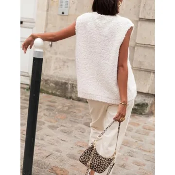 SCUSTY Women's Fuzzy Knit Vest Sleeeveless Casual Crew Neck Loose Lightweight Sweater Pullover Top Fall Winter Outfit(Beige-M)