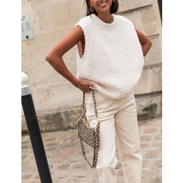 SCUSTY Women's Fuzzy Knit Vest Sleeeveless Casual Crew Neck Loose Lightweight Sweater Pullover Top Fall Winter Outfit(Beige-M)