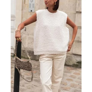 SCUSTY Women's Fuzzy Knit Vest Sleeeveless Casual Crew Neck Loose Lightweight Sweater Pullover Top Fall Winter Outfit(Beige-M)