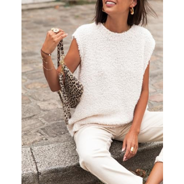 SCUSTY Women's Fuzzy Knit Vest Sleeeveless Casual Crew Neck Loose Lightweight Sweater Pullover Top Fall Winter Outfit(Beige-M)