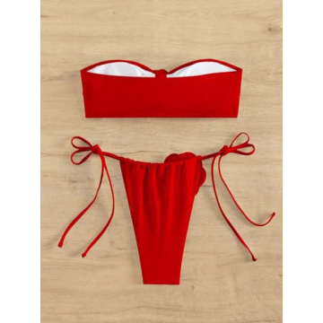 MakeMeChic Women's 2 Piece Bandeau Swimsuit 3D Floral Tie Side High Cut Bikini Set Bathing Suit Red M