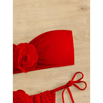 MakeMeChic Women's 2 Piece Bandeau Swimsuit 3D Floral Tie Side High Cut Bikini Set Bathing Suit Red M