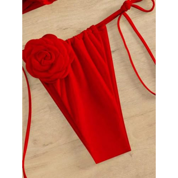MakeMeChic Women's 2 Piece Bandeau Swimsuit 3D Floral Tie Side High Cut Bikini Set Bathing Suit Red M