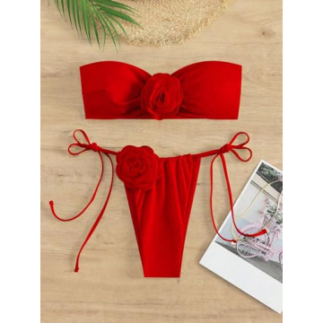 MakeMeChic Women's 2 Piece Bandeau Swimsuit 3D Floral Tie Side High Cut Bikini Set Bathing Suit Red M
