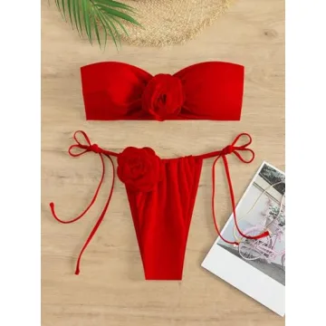 MakeMeChic Women's 2 Piece Bandeau Swimsuit 3D Floral Tie Side High Cut Bikini Set Bathing Suit Red M