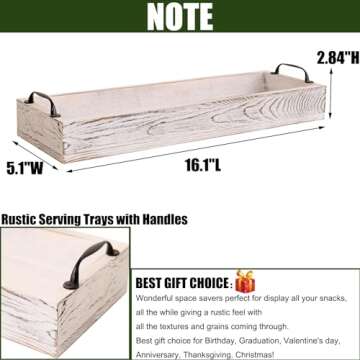 Rustic Wooden Serving Trays Rectangular with Handle,Ottoman Tray for Living Room 16 Inch Long for Serving Wine(whitewashed)