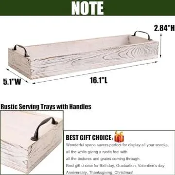Rustic Wooden Serving Trays Rectangular with Handle,Ottoman Tray for Living Room 16 Inch Long for Serving Wine(whitewashed)