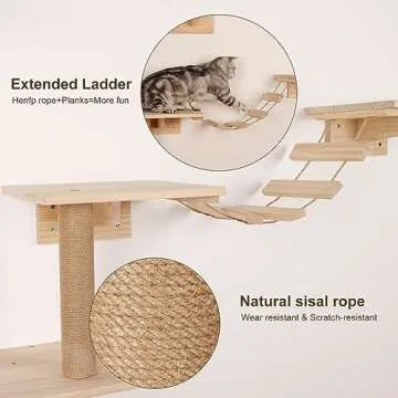 LUCKUP 9 pcs Cat Wall Shelves and Perches-Wall Mounted Cat Wall Furniture Cat Climbing Shelf Natural Wood W/ 1 Cat House, 1 Cat Hammock, 2 Ladder, 4 Cat Perchs, 1 Cat Scratching Post