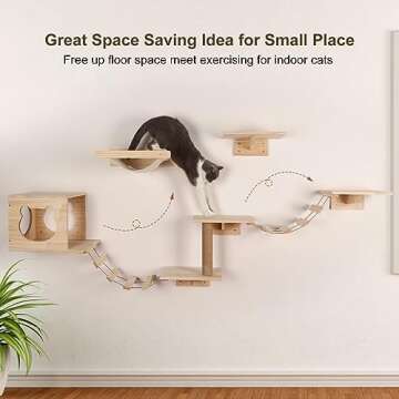LUCKUP 9 pcs Cat Wall Shelves and Perches-Wall Mounted Cat Wall Furniture Cat Climbing Shelf Natural Wood W/ 1 Cat House, 1 Cat Hammock, 2 Ladder, 4 Cat Perchs, 1 Cat Scratching Post
